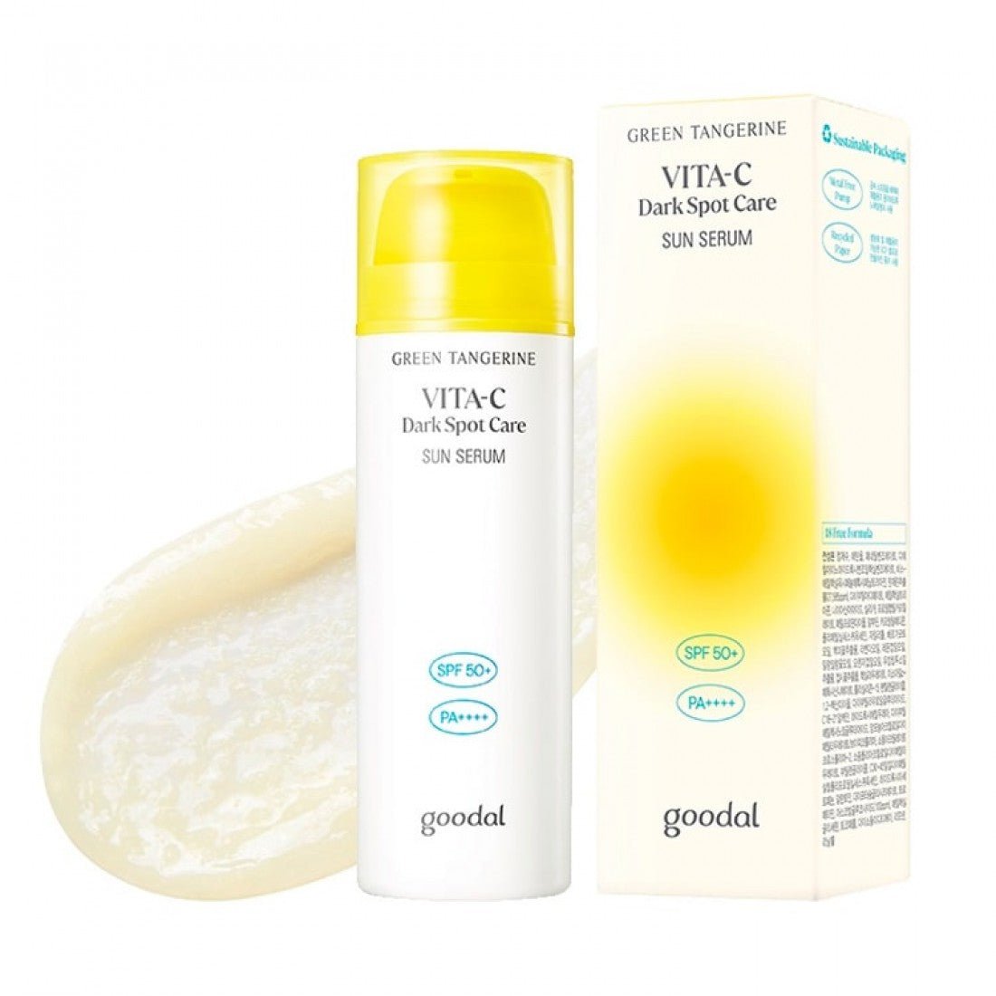 Goodal Vita-C dark spot care sun serum in yellow and white bottles (SPF 50+)