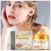 HOUKEA Bee Venom skin care cream box and gold jar next to a model close-up