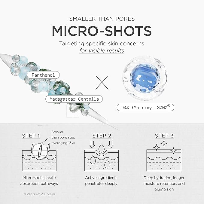 White ampoule bottle with dropper cap and blue micro-shot diagram, label on front