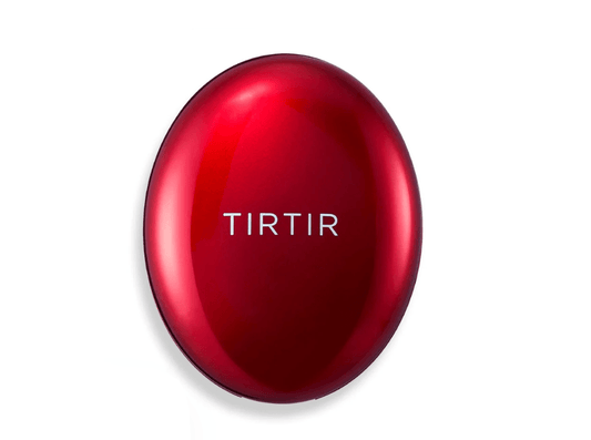Red oval cushion compact with black rim and TIRTIR logo on lid