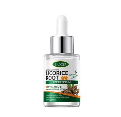 Vitamin C repair face serum bottle with dropper and green label, full view.