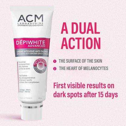 Anti-dark spot gel tube front, white with pink label and dual-action badge