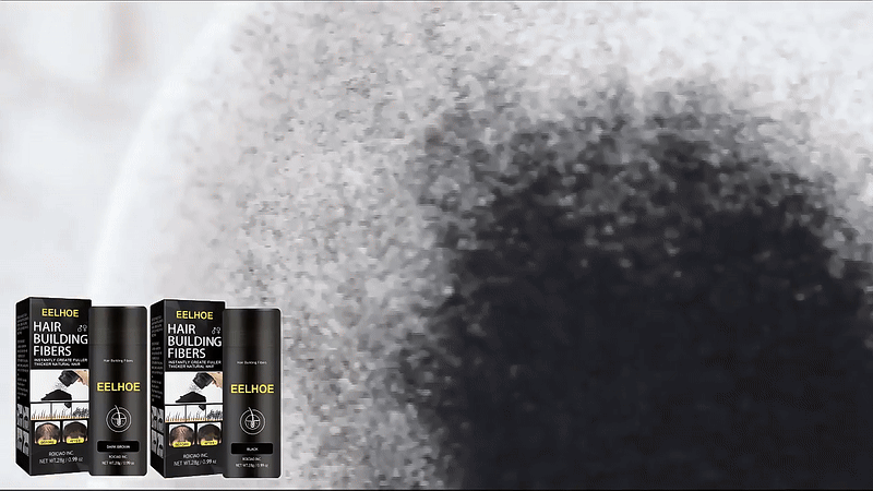 EELHOE hair building fibers powder texture with product boxes in the foreground