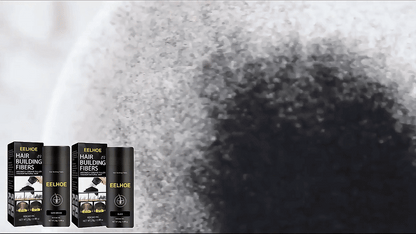 EELHOE hair building fibers powder texture with product boxes in the foreground