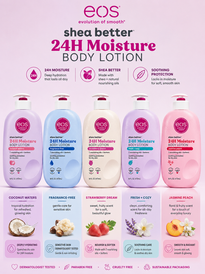 EOS shea better 24H Moisture body lotion lineup with multiple bottle colors and flavors