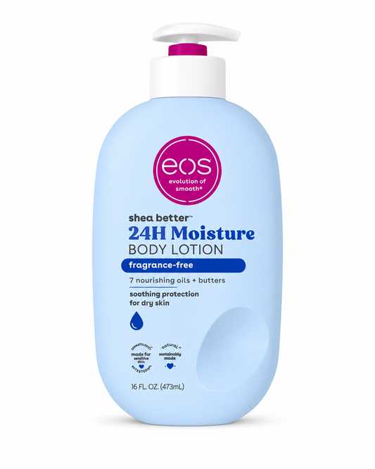 EOS shea better 24H Moisture body lotion bottle, light blue, with white pump