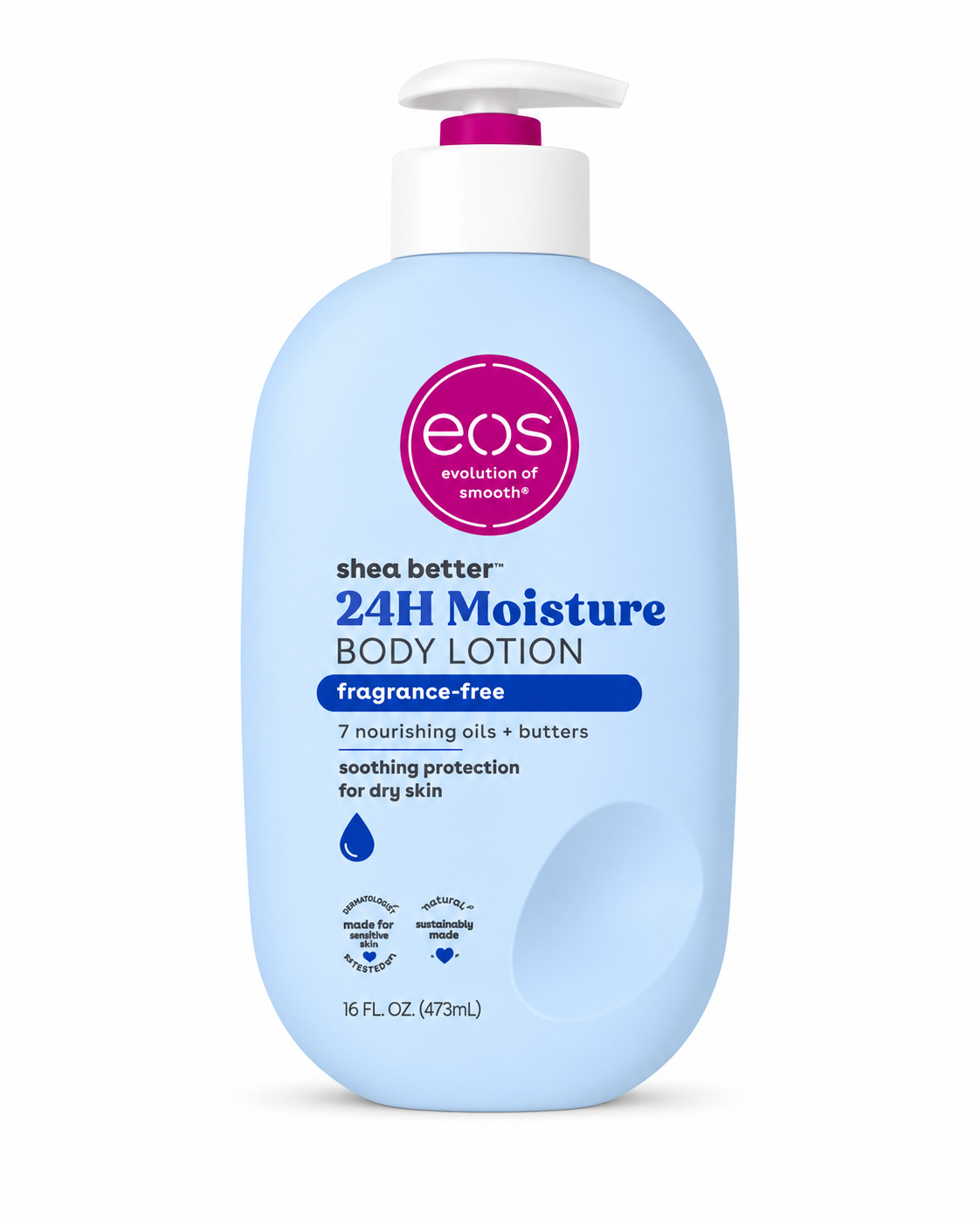 EOS shea better 24H Moisture body lotion bottle, light blue, with white pump