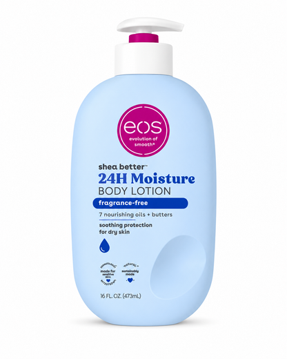 EOS shea better 24H Moisture body lotion bottle, light blue, with white pump