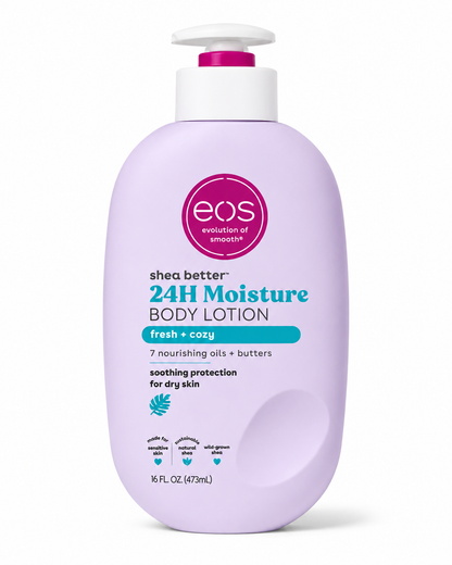 EOS shea better 24H Moisture body lotion bottle, lavender, with white pump