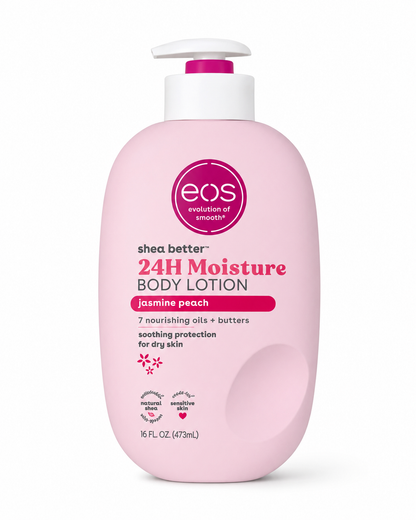 EOS shea better 24H Moisture body lotion bottle, pink, with white pump
