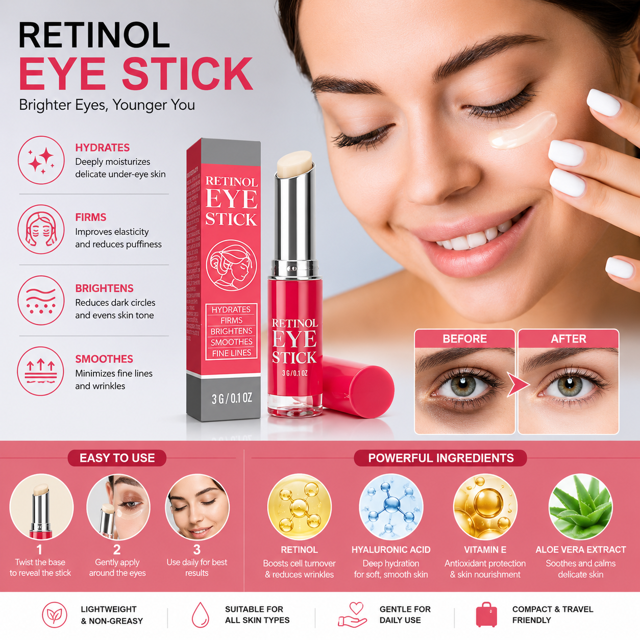 Retinol eye stick balm on a model, with silver stick and pink balm applicator