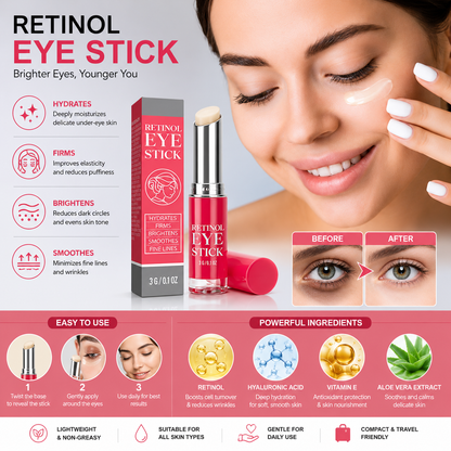 Retinol eye stick balm on a model, with silver stick and pink balm applicator