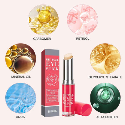 Retinol eye stick balm shown with ingredient icons and red-gray product box