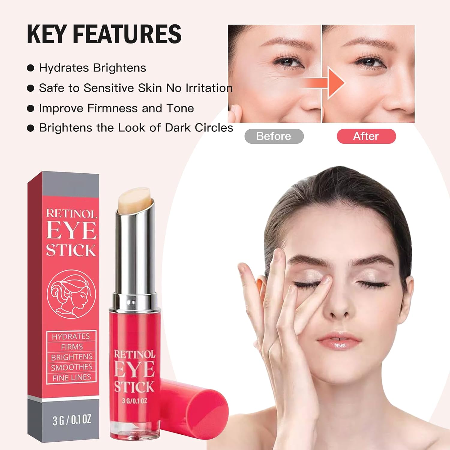 Retinol eye stick balm stick with silver top and pink balm, in red-gray box