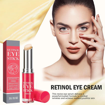 Retinol eye stick balm on a beauty banner with the stick near a model's eye