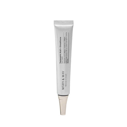MARY & MAY eye cream tube with silver-gray cap and applicator tip