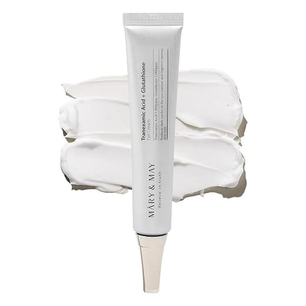 MARY & MAY eye cream tube standing with thick white cream swatch