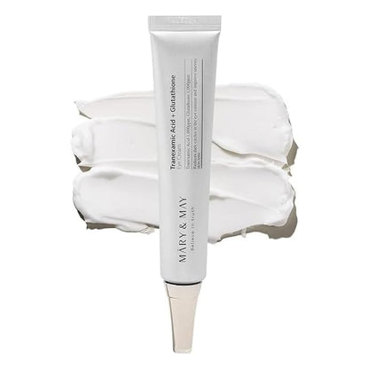 MARY & MAY eye cream tube standing with thick white cream swatch
