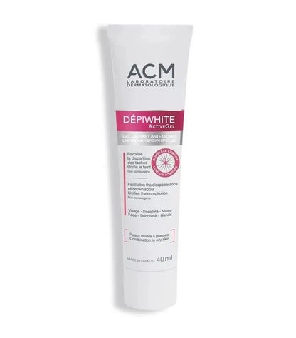 Anti-dark spot gel tube, white body with pink label and info panel