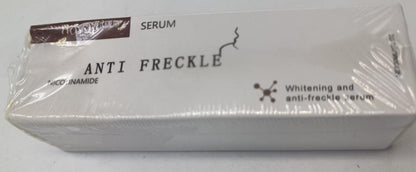 Anti-freckle face serum box, white with gray panels and brown label strip