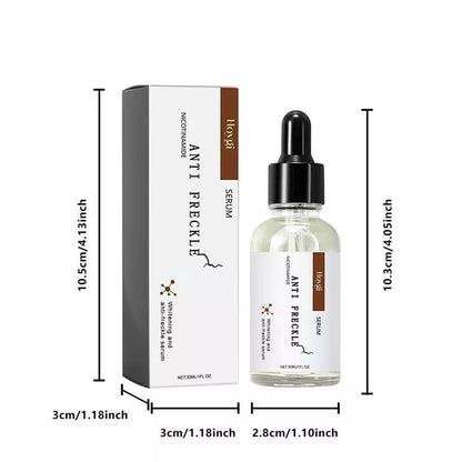 Anti-freckle face serum bottle and box shown with size measurements