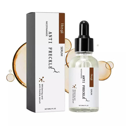 Anti-freckle face serum bottle with black dropper beside matching white box