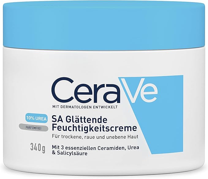 CeraVe anti-roughness body cream jar close-up with blue lid and label