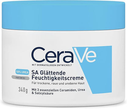 CeraVe anti-roughness body cream jar close-up with blue lid and label