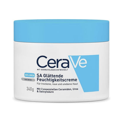 CeraVe anti-roughness body cream jar with blue lid and white label