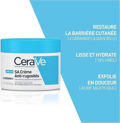 CeraVe anti-roughness body cream jar front view with blue lid