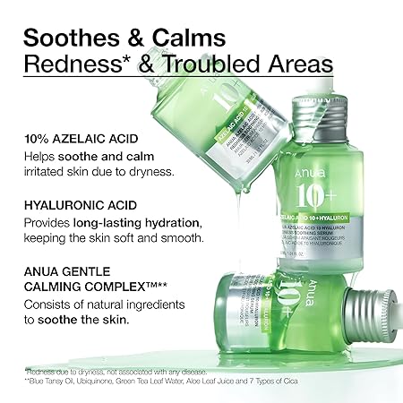 Anua 10+ serum bottles with droppers and green liquid, green glass packaging set
