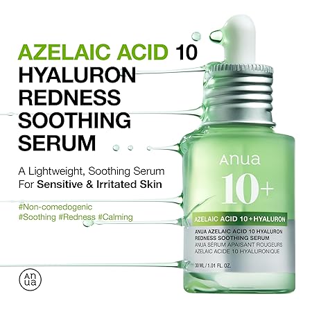 Anua 10+ azelaic acid hyaluron redness soothing serum bottle with floating droplets