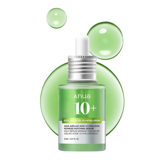 Anua 10+ azelaic acid hyaluron redness soothing serum bottle, 30 ml, green glass