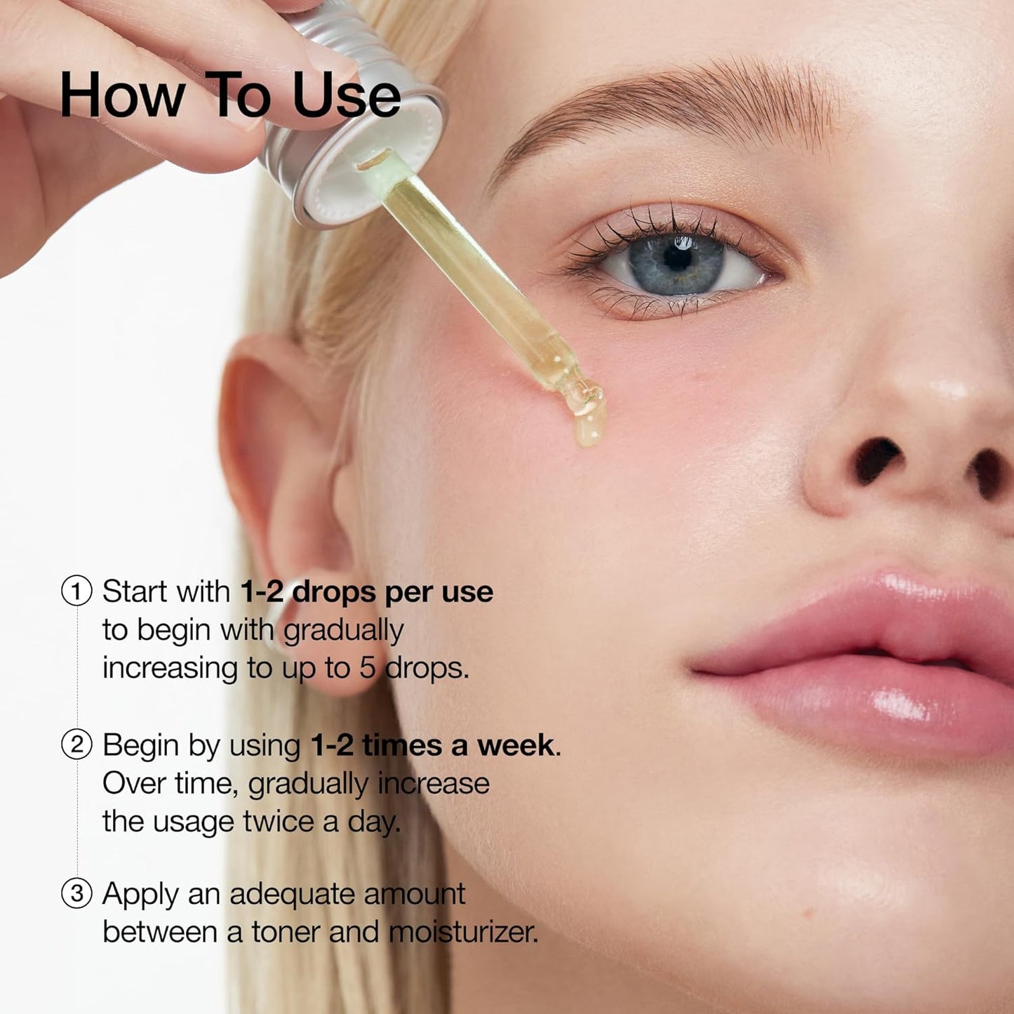 Anua 10+ serum dropper releases clear gel onto face, green bottle and silver cap