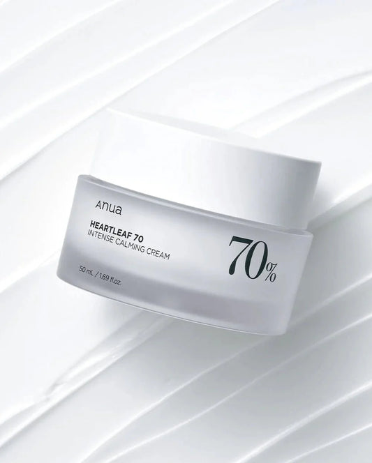 Anua Heartleaf 70% calming cream jar with white lid and 70% label