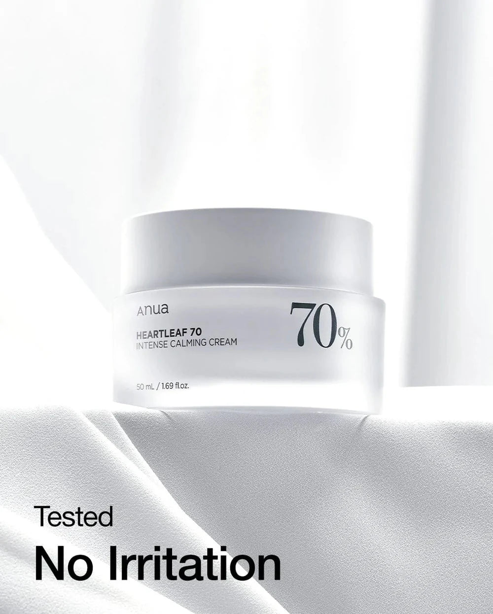 Anua Heartleaf 70% calming cream jar with white lid and 70% label