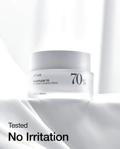 Anua Heartleaf 70% calming cream jar with white lid and 70% label