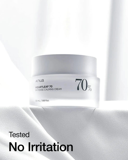 Anua Heartleaf 70% calming cream jar with white lid and 70% label