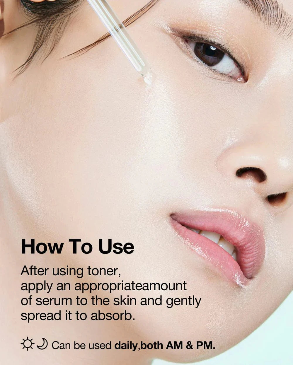 Close-up of face with serum dropper near cheek, Anua skincare application