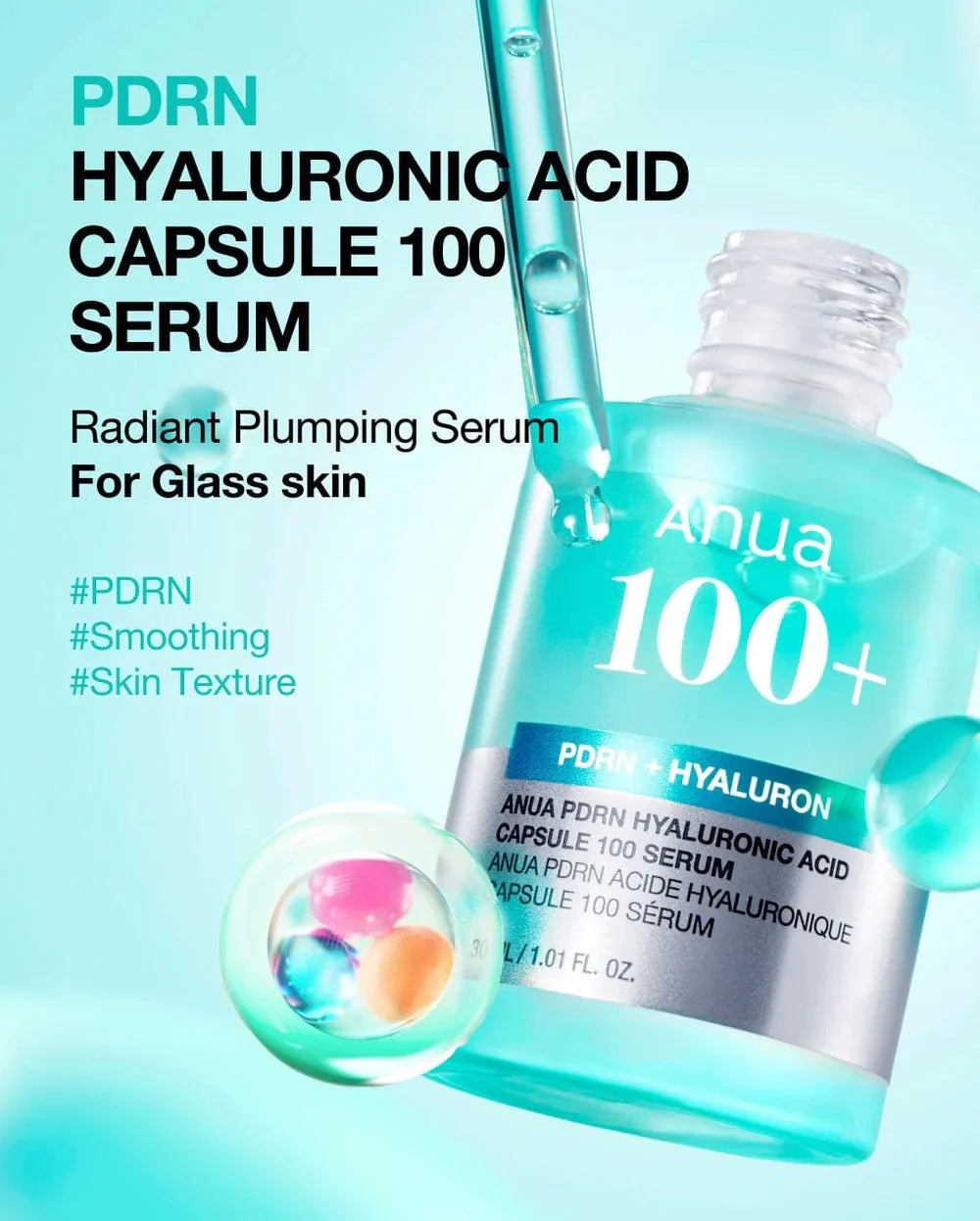 Anua PDRN Hyaluronic Acid Capsule 100+ serum bottle with droplet accessory