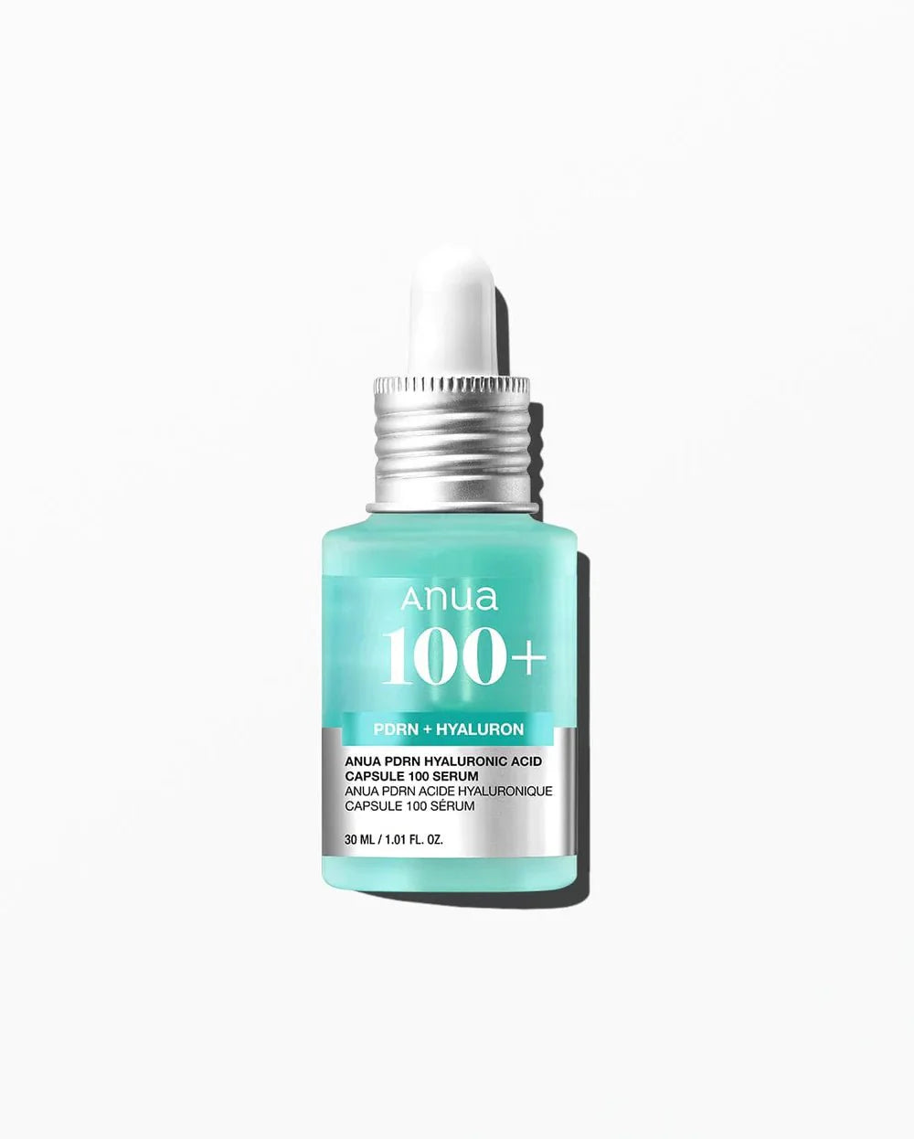 Anua 100+ PDRN Hyaluronic capsule serum bottle with dropper, aqua glass vial