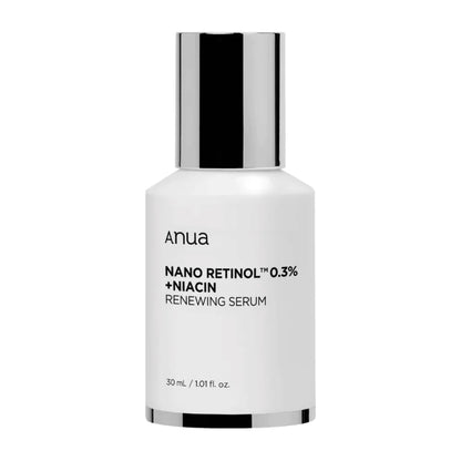 Anua Nano Retinol 0.3% + Niacin renewing serum bottle, white with black cap