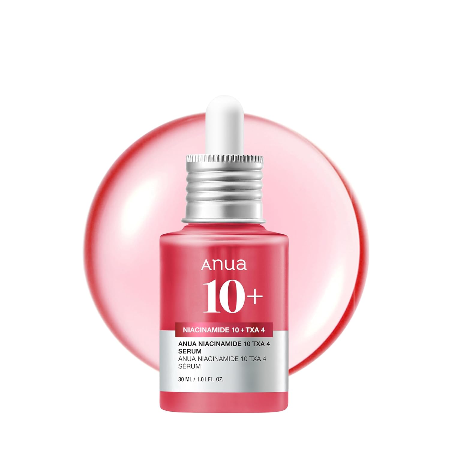 Anua 10+ niacinamide TXA 4 brightening serum bottle with silver dropper, 30 ml