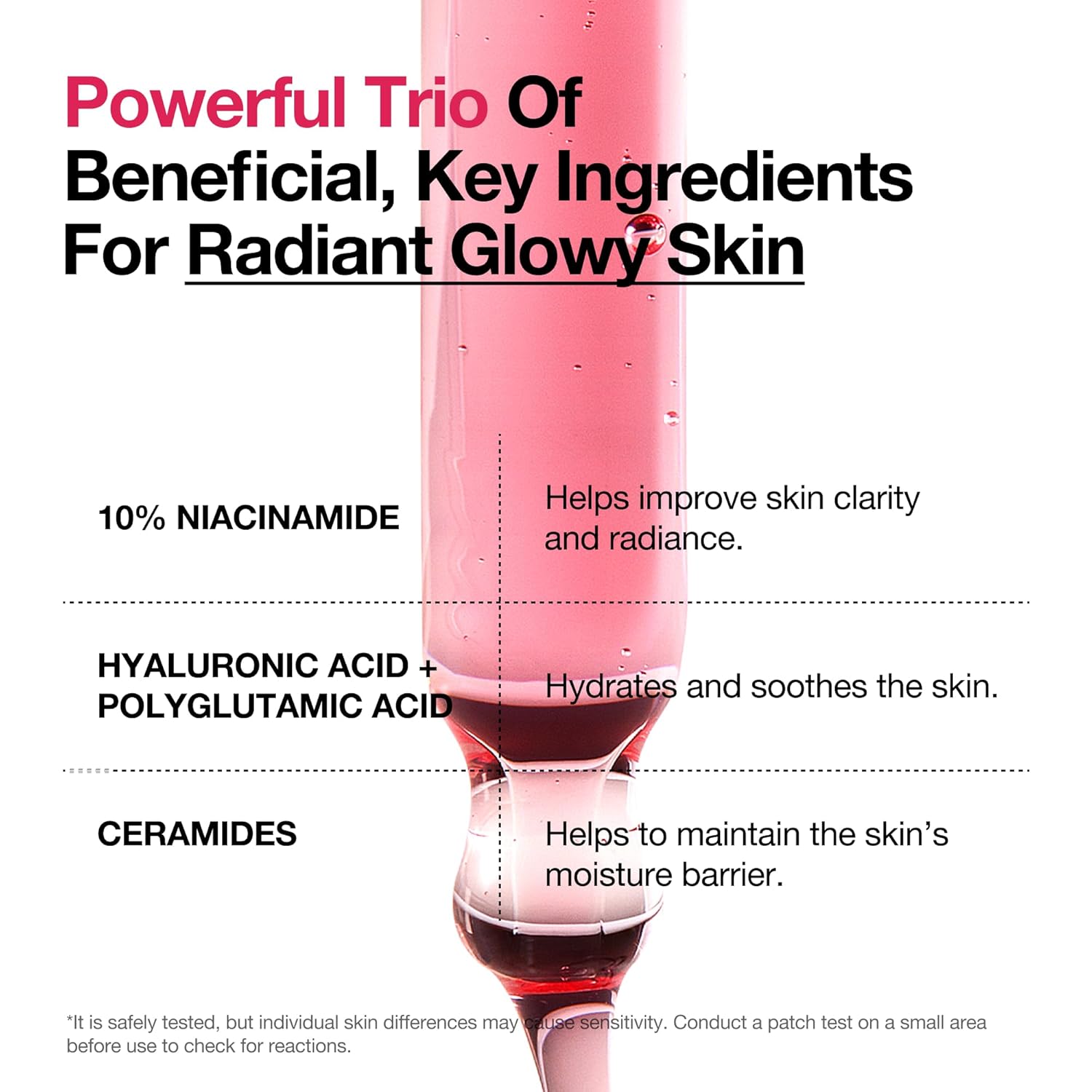 Serum bottle with key ingredients: 10% niacinamide, hyaluronic acid, ceramides