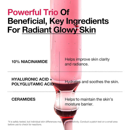 Serum bottle with key ingredients: 10% niacinamide, hyaluronic acid, ceramides