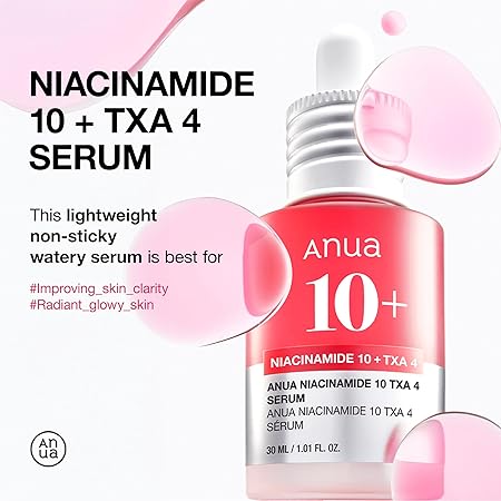 Anua 10+ niacinamide TXA 4 serum bottle with pink watery gel drop graphics