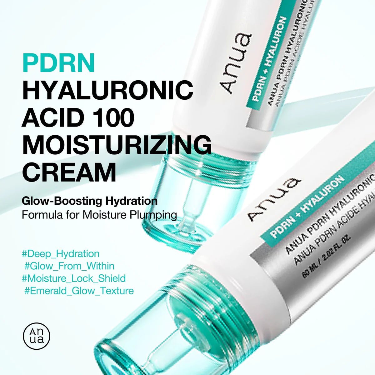 Anua PDRN Hyaluronic 100 moisturizing cream tubes with teal gel droplets
