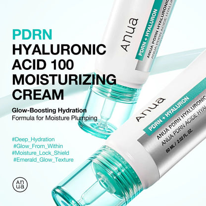 Anua PDRN Hyaluronic 100 moisturizing cream tubes with teal gel droplets