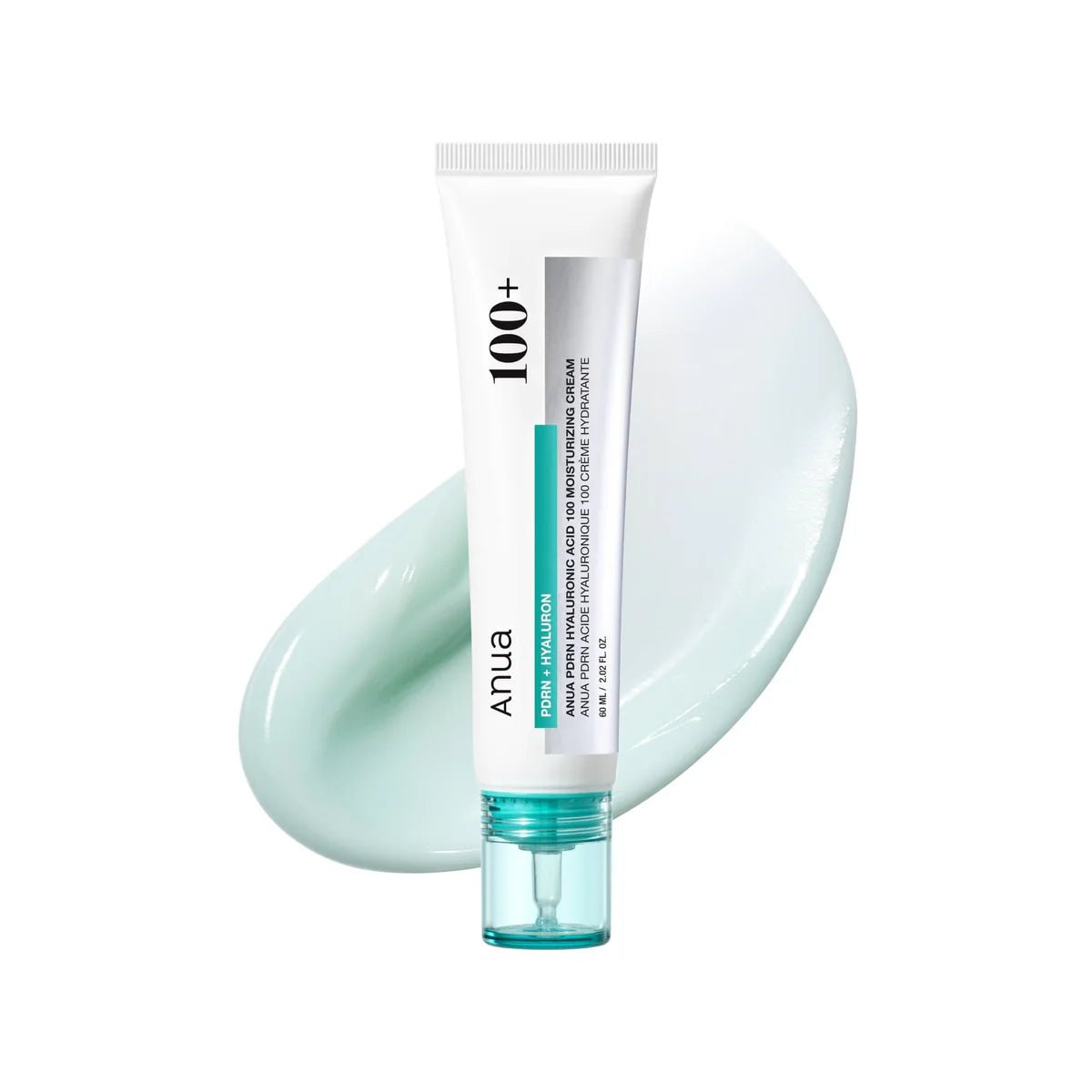 Anua PDRN Hyaluronic 100 moisturizing cream tube with teal gel swatch