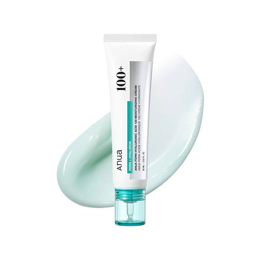 Anua PDRN Hyaluronic 100 moisturizing cream tube with teal gel swatch